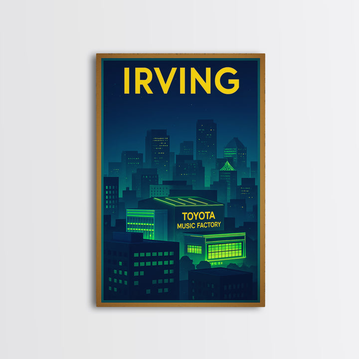 Irving Travel Poster, Framed Canvas Print, Cyberpunk Style City Art, Irving Poster Print, Living Room Wall Art, Vintage City Art