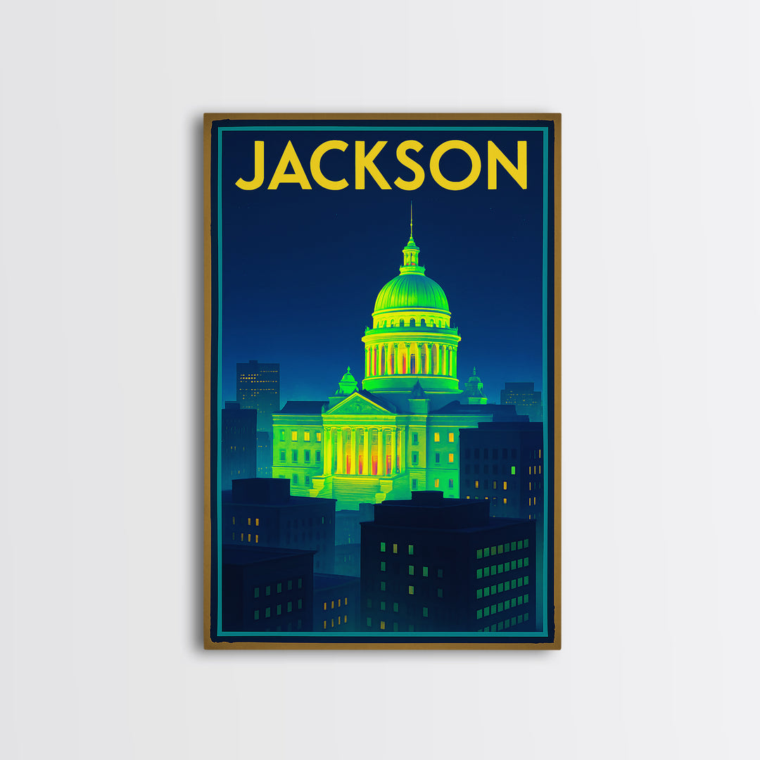 Jackson Travel Poster, Canvas Print, Retro Neon Travel Art, Jackson Wall Art, City Travel Prints, Vintage Travel Print, City Illustration