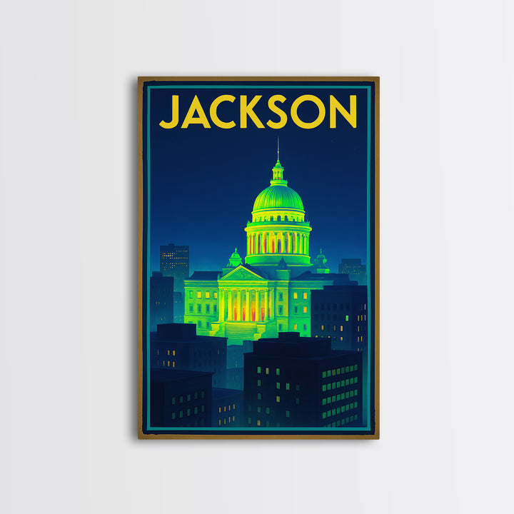 Jackson Travel Poster, Canvas Print, Retro Neon Travel Art, Jackson Wall Art, City Travel Prints, Vintage Travel Print, City Illustration
