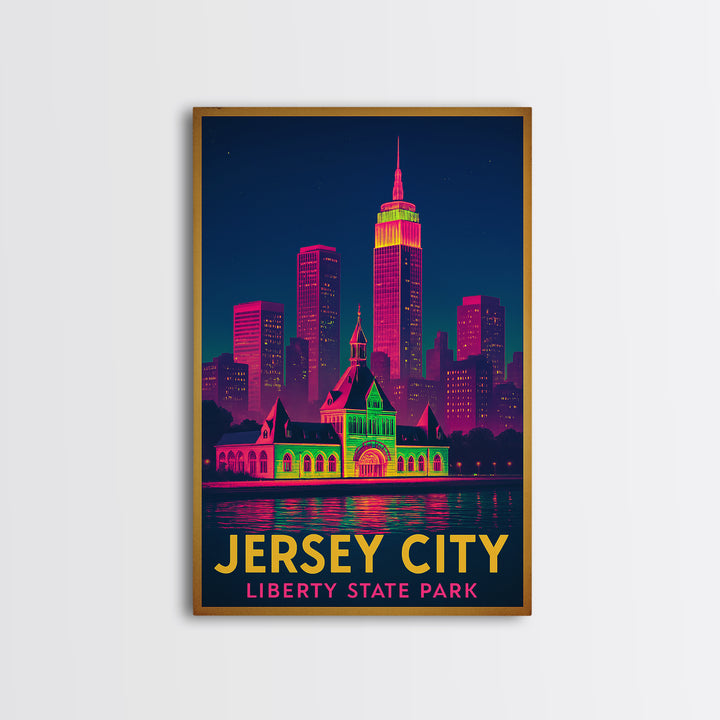 Jersey City New Jersey Travel Poster, Framed Canvas Print, Retro Neon Travel Art, Jersey City City Art, Vintage Travel Art, City Art Print