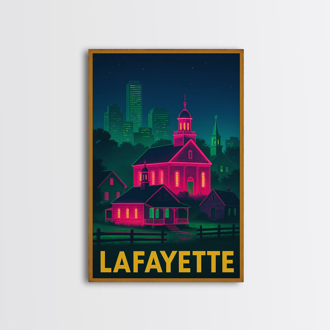 Lafayette Louisiana Travel Poster, Framed Canvas Print, Cyberpunk Style City Art, Lafayette Travel Art, Retro Travel Print, City Art Print