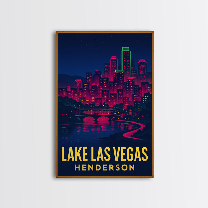 Lake Las Vegas Travel Poster, Framed Canvas Print, Neon Cityscape Wall Art, Lake Las Vegas Poster Print, Fine Art Print, Travel Wall Decor