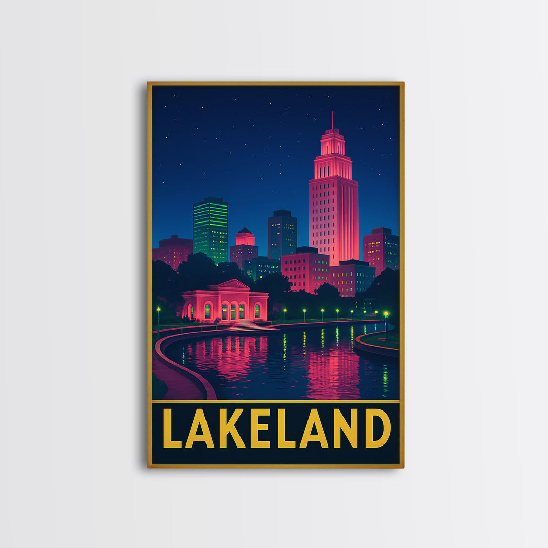 Lakeland Florida Travel Poster, Framed Canvas Print, Cyberpunk Style City Art, Lakeland Wall Art, Home Office Decor, Travel Poster Set
