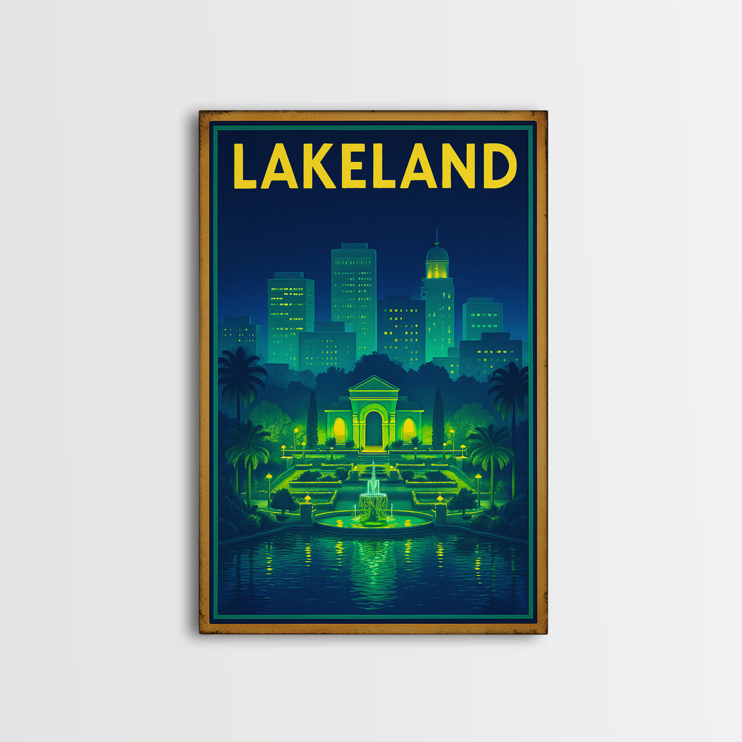 Lakeland Travel Poster, Framed Canvas Print, Electric Night Poster Art, Lakeland Travel Art, City Illustration, Living Room Wall Art