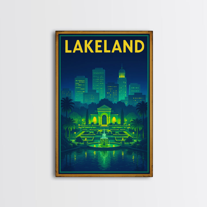Lakeland Travel Poster, Framed Canvas Print, Electric Night Poster Art, Lakeland Travel Art, City Illustration, Living Room Wall Art