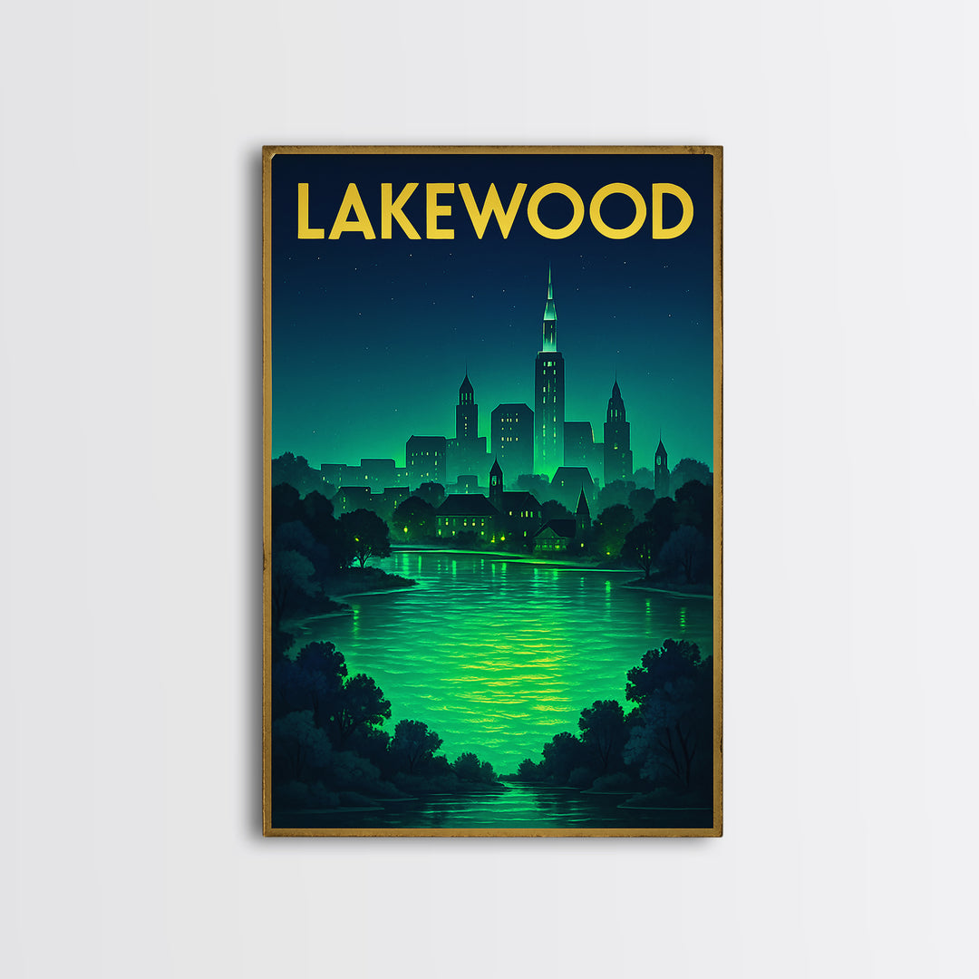 Lakewood Travel Poster, Framed Canvas Print, Neon Cityscape Wall Art, Lakewood Travel Art, City Travel Prints, Vintage Travel Print
