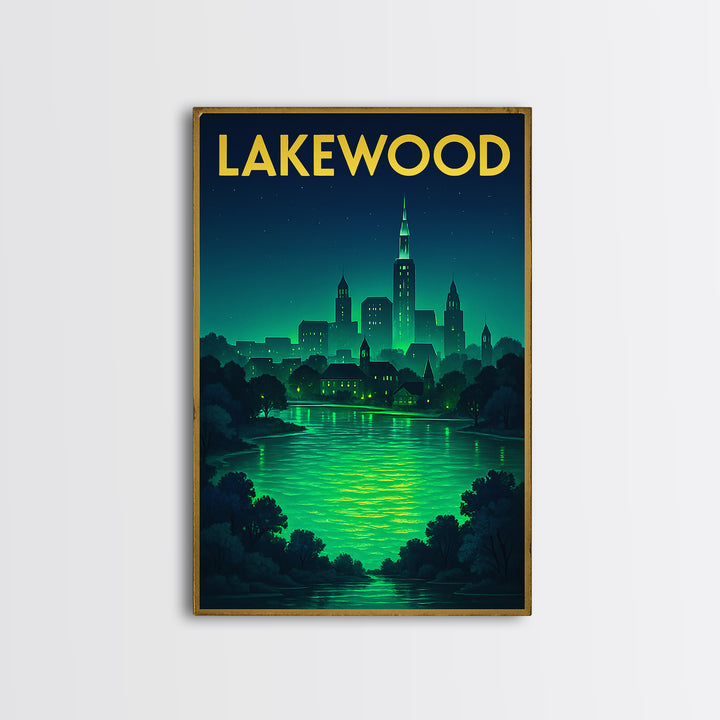 Lakewood Travel Poster, Framed Canvas Print, Neon Cityscape Wall Art, Lakewood Travel Art, City Travel Prints, Vintage Travel Print