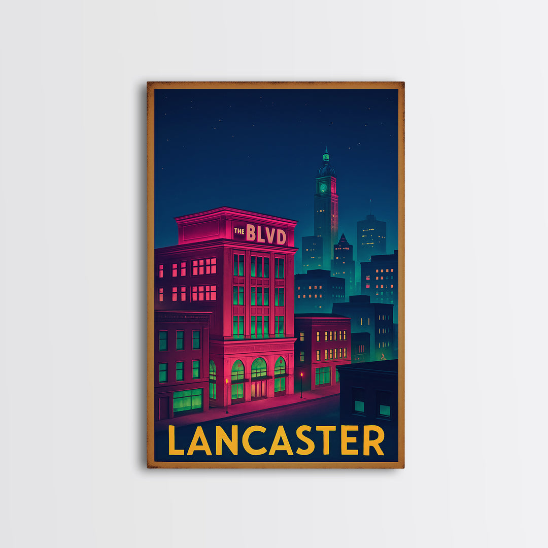 Lancaster California Travel Poster, Canvas Print, Retro Neon Travel Art, Lancaster Wall Art, Travel Art Print, Vintage City Art, Wall Art