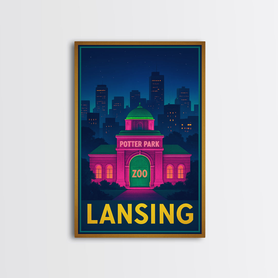Lansing Michigan Travel Poster, Canvas Print, Neon Skyline Wall Art, Lansing Art Print, Wall Decor, Travel Poster Set, Wanderlust Decor