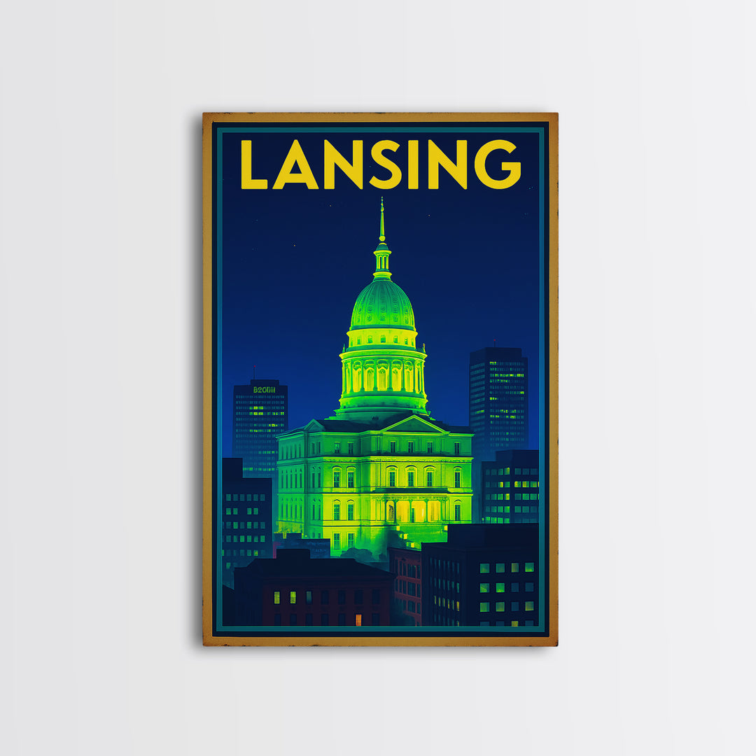 Lansing Travel Poster, Framed Canvas Print, Retro Neon Travel Art, Lansing City Art, City Illustration, Vintage Travel Print, Wall Art