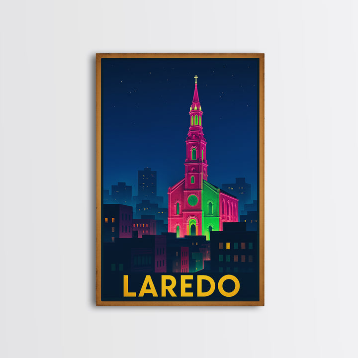 Laredo Texas Travel Poster, Framed Canvas Print, Electric Night Poster Art, Laredo Wall Art, Travel Poster Set, Watercolor Skyline
