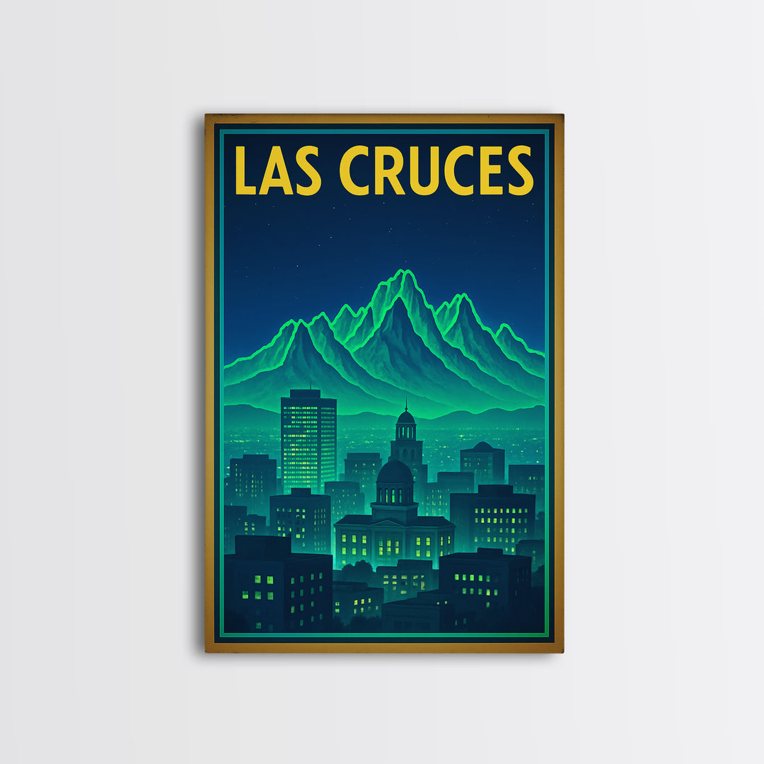 Las Cruces Travel Poster, Framed Canvas Print, Neon City Skyline Wall Art, Las Cruces Travel Art, Home Office Decor, Travel Wall Decor