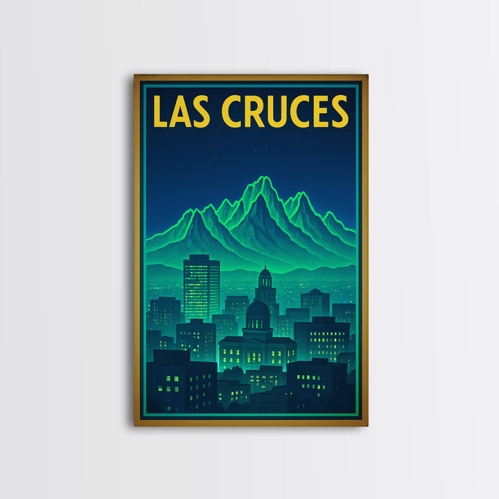 Las Cruces Travel Poster, Framed Canvas Print, Neon City Skyline Wall Art, Las Cruces Travel Art, Home Office Decor, Travel Wall Decor