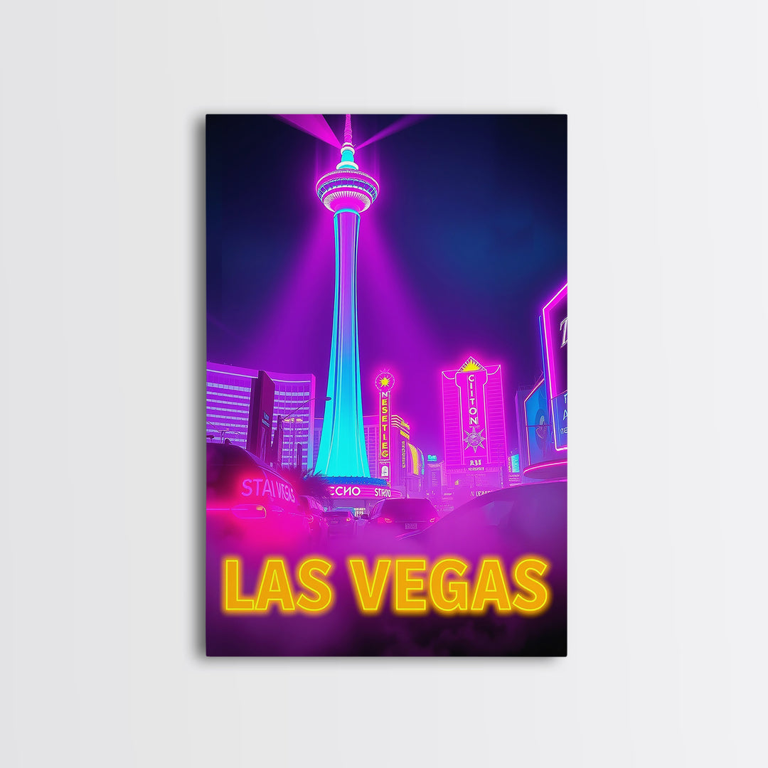 Las Vegas Nevada Travel Poster, Canvas Print, Cyberpunk Style City Art, Las Vegas Poster Print, Mid Century Wall Art, Watercolor Skyline