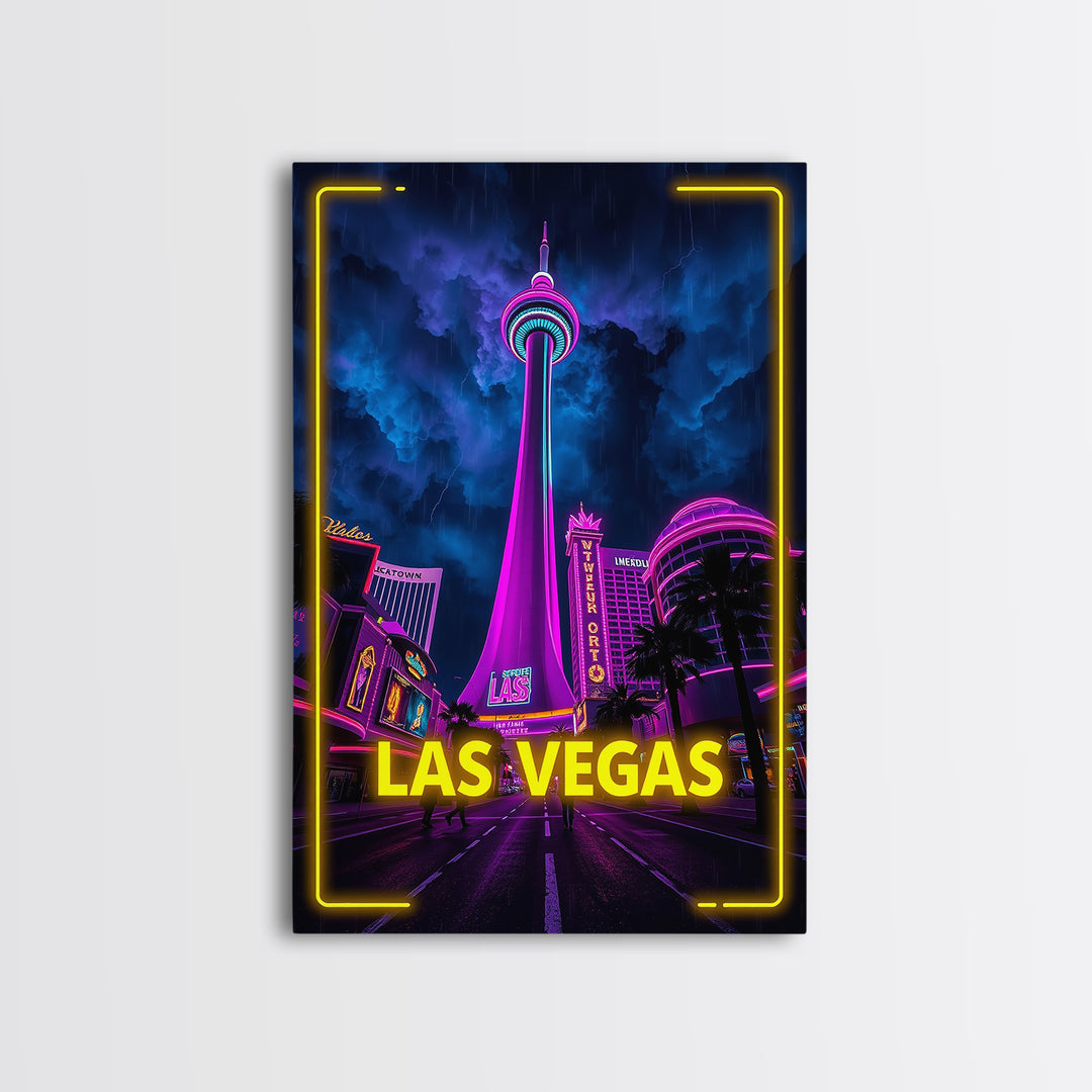 Las Vegas Travel Poster, Canvas Print, Neon City Skyline Wall Art, Las Vegas Art Print, City Illustration, Wanderlust Decor, Travel Wall Art