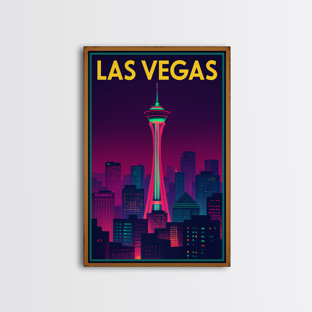 Las Vegas Travel Poster, Canvas Print, Retro Neon Travel Art, Las Vegas Wall Art, City Illustration, Eclectic Wall Decor, Home Office Decor