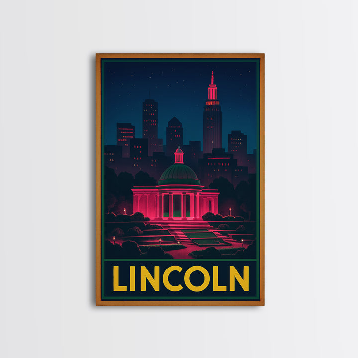 Lincoln Nebraska Travel Poster, Framed Canvas Print, Electric Night Poster Art, Lincoln Travel Art, Travel Art Print, Travel Poster Set