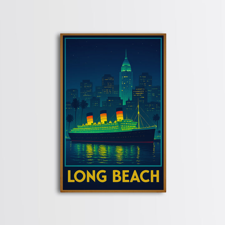 Long Beach California Travel Poster, Canvas Print, Retro Neon Travel Art, Long Beach City Art, Wall Art, City Art Print, Travel Wall Art