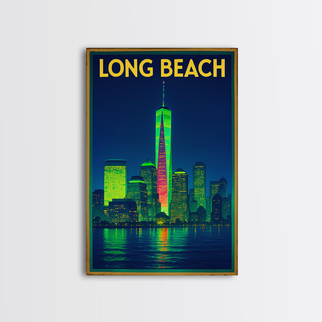 Long Beach Travel Poster, Framed Canvas Print, Retro Neon Travel Art, Long Beach Travel Art, Retro Travel Print, Eclectic Wall Decor