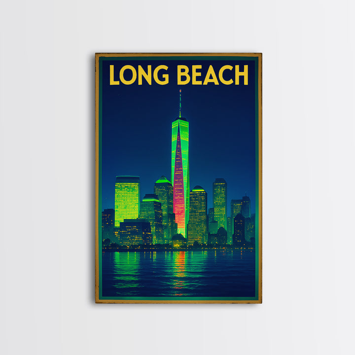 Long Beach Travel Poster, Framed Canvas Print, Retro Neon Travel Art, Long Beach Travel Art, Retro Travel Print, Eclectic Wall Decor