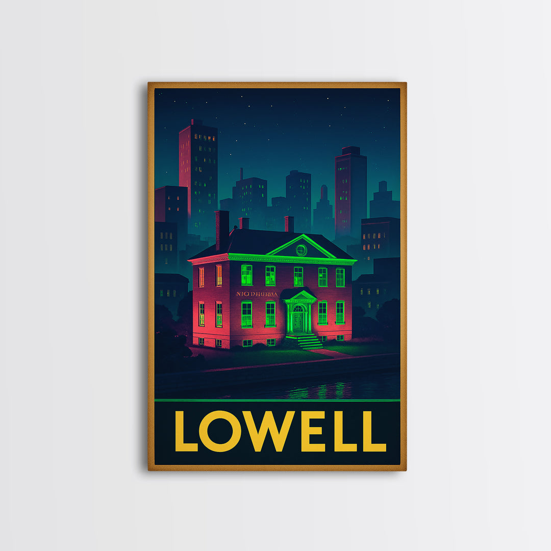 Lowell Massachusetts Travel Poster, Canvas Print, Retro Neon Travel Art, Lowell Travel Art, Wanderlust Decor, Wall Art, Retro Travel Print