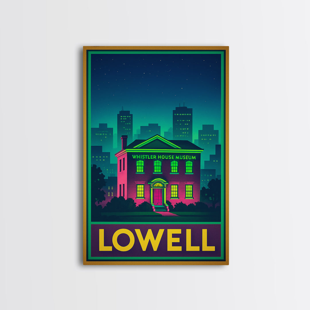 Lowell Travel Poster, Canvas Print, Retro Neon Travel Art, Lowell Travel Art, Travel Wall Decor, Travel Wall Art, Retro Travel Print