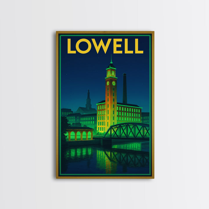 Lowell Travel Poster, Canvas Print, Neon Urban Skyline Wall Art, Lowell Wall Art, Watercolor Urban Skyline, Travel Art Print, Wall Decor