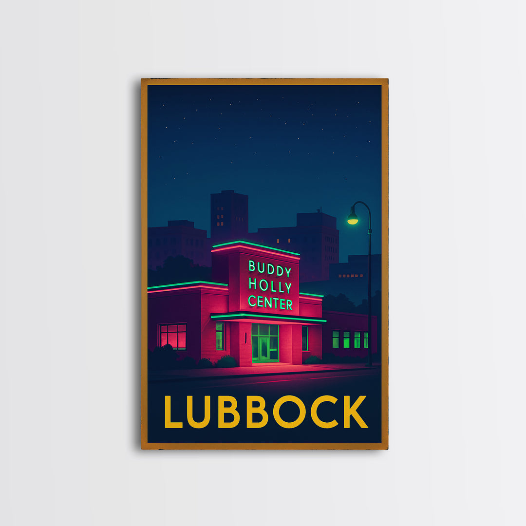 Lubbock Texas Travel Poster, Canvas Print, Neon Skyline Art Wall Art, Lubbock Poster Print, Vintage Travel Print, Mid Century Wall Art