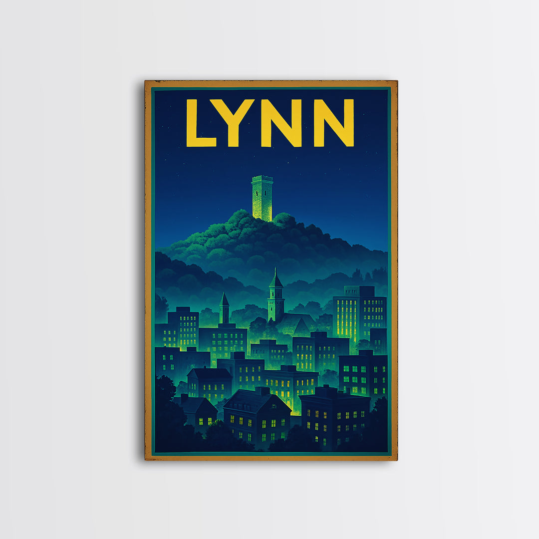 Lynn Travel Poster, Framed Canvas Print, Retro Neon Travel Art, Lynn Art Print, Modern Wall Decor, Travel Wall Art, Gift For Travelers