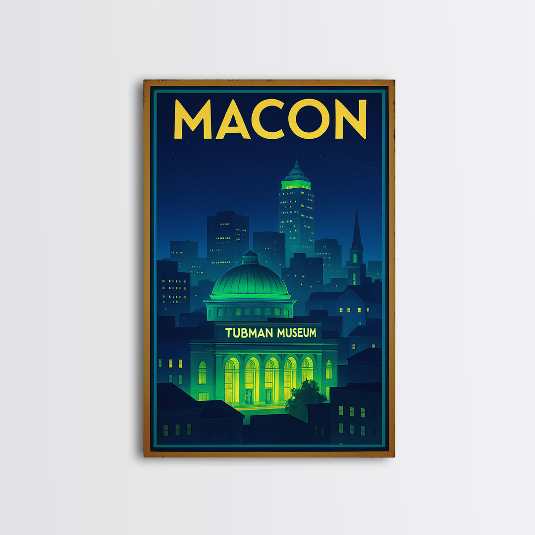 Macon Travel Poster, Framed Canvas Print, Retro Neon Travel Art, Macon Poster Print, Travel Art Print, Retro Travel Print, Travel Decor