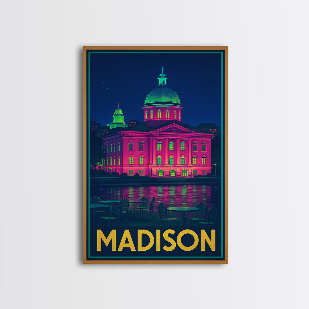 Madison Wisconsin Travel Poster, Canvas Print, Cyberpunk Style City Art, Madison City Art, City Illustration, Wall Art, Modern Wall Decor