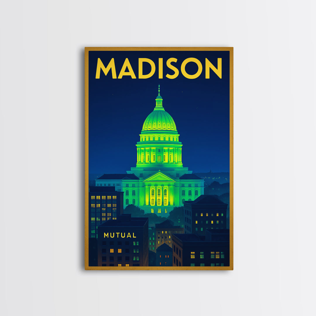 Madison Travel Poster, Framed Canvas Print, Electric Night Poster Art, Madison City Art, Travel Wall Art, Travel Wall Decor, Travel Print