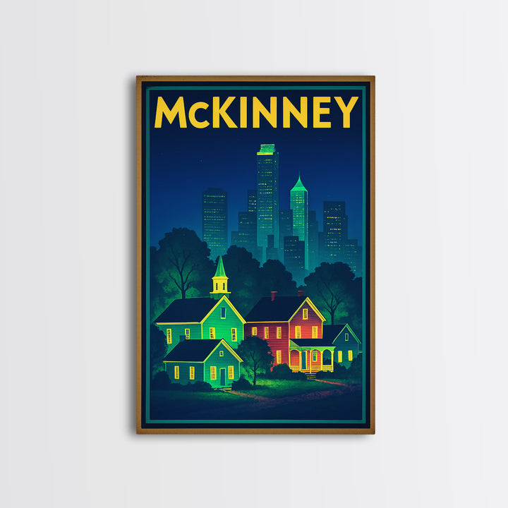 Mckinney Travel Poster, Framed Canvas Print, Retro Neon Travel Art, Mckinney Poster Print, Gift For Travelers, Fine Art Print, Design 2
