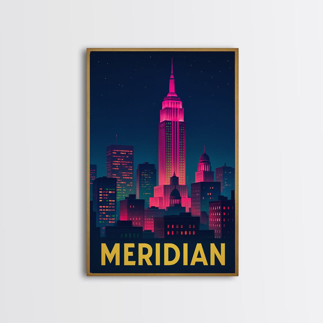 Meridian Idaho Travel Poster, Framed Canvas Print, Electric Night Poster Art, Meridian Wall Art, Travel Poster Art, Mid Century Wall Art