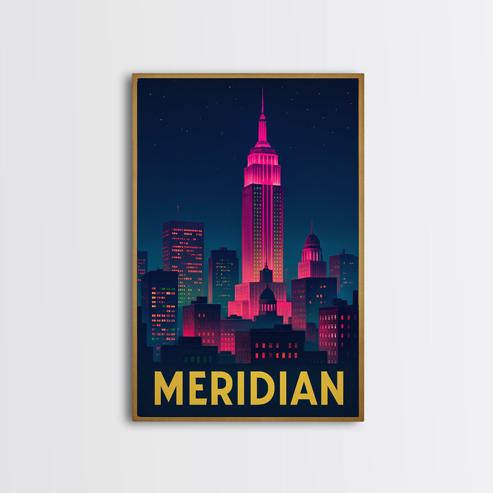 Meridian Idaho Travel Poster, Framed Canvas Print, Electric Night Poster Art, Meridian Wall Art, Travel Poster Art, Mid Century Wall Art