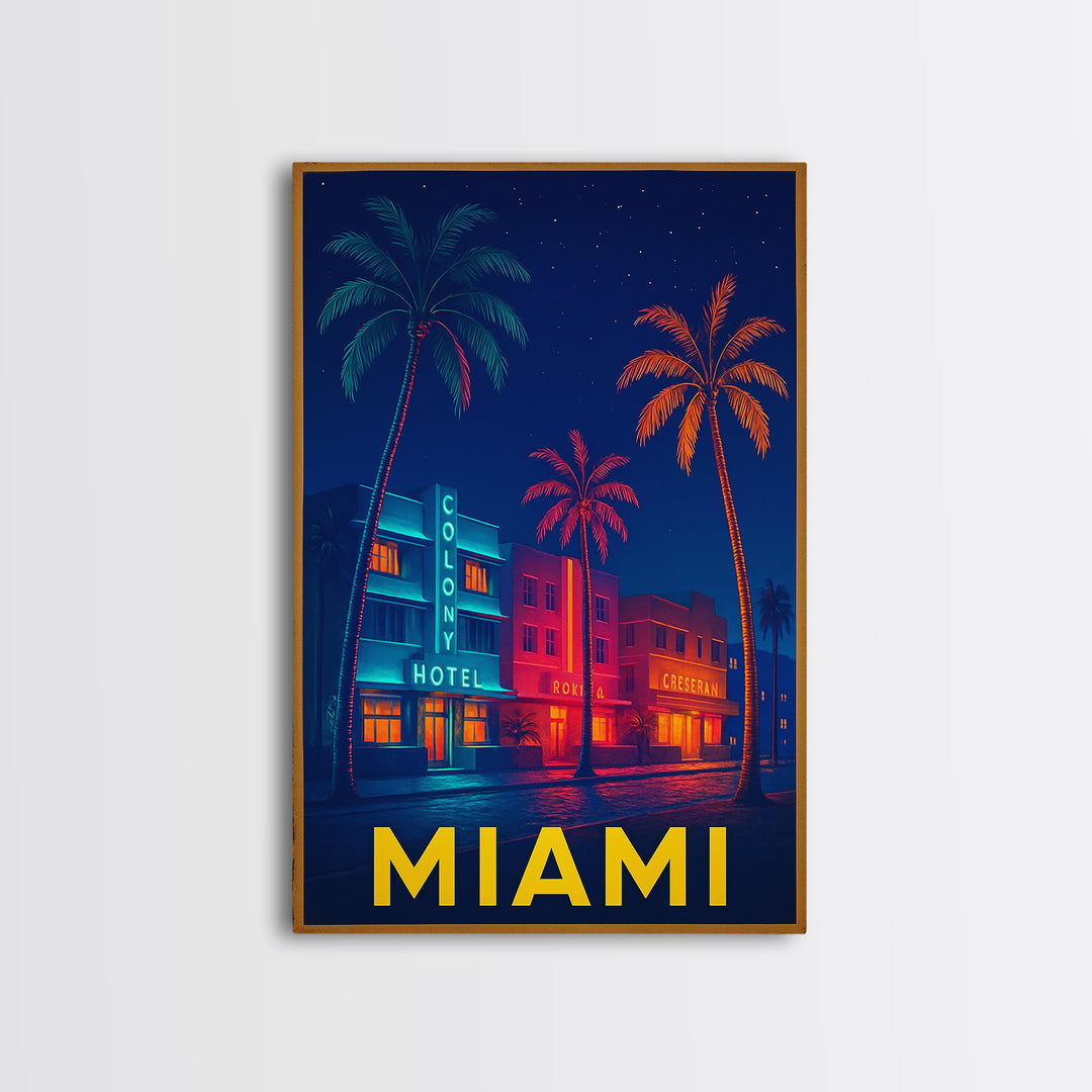 Miami Florida Travel Poster, Canvas Print, Cyberpunk Style City Art, Miami Art Print, Wanderlust Decor, City Illustration, Travel Wall Art