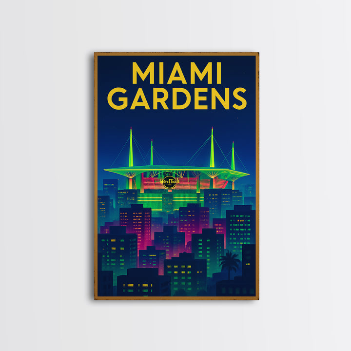 Miami Gardens Travel Poster, Canvas Print, Electric Night Poster Art, Miami Gardens Wall Art, Mid Century Wall Art, Vintage Travel Art