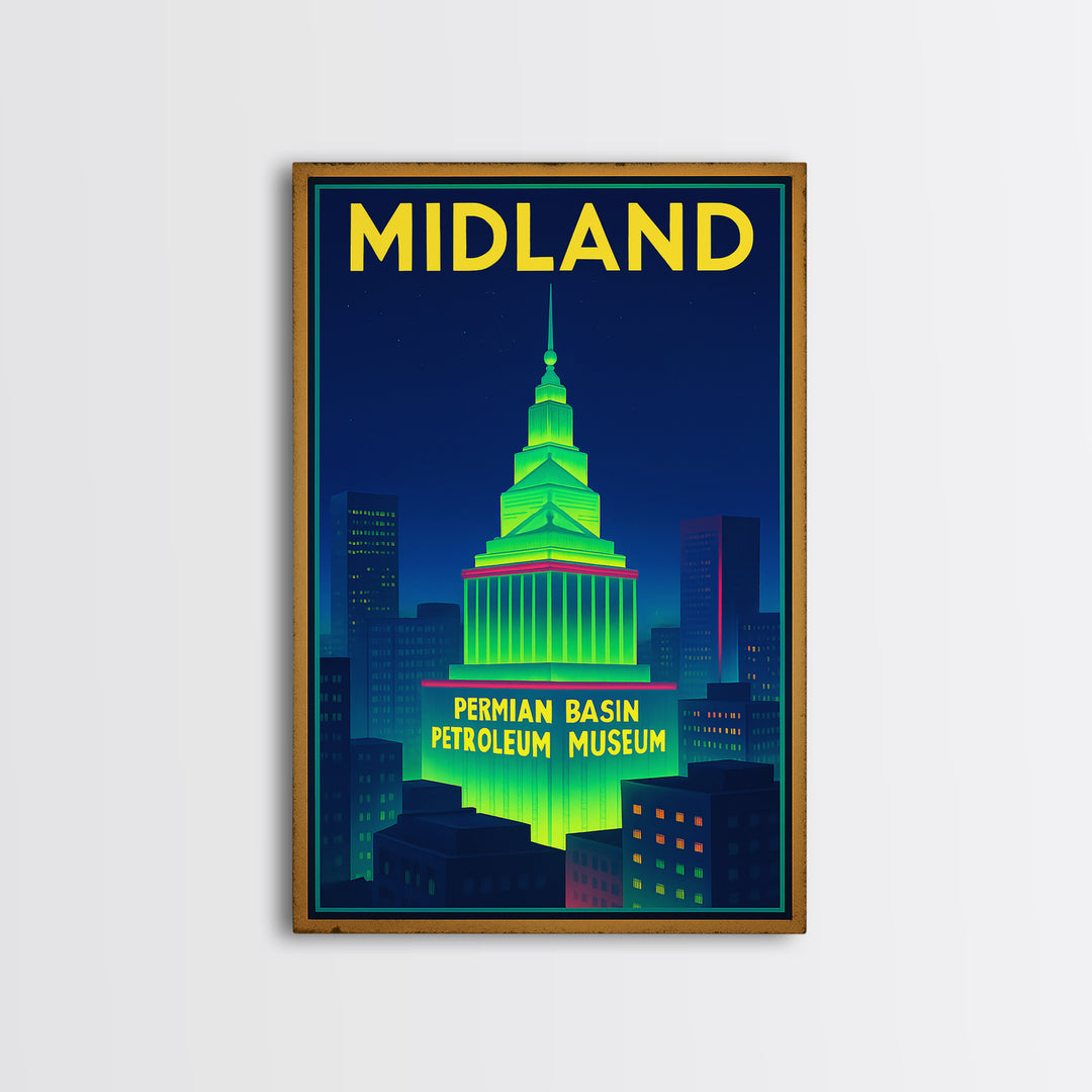 Midland Travel Poster, Framed Canvas Print, Retro Neon Travel Art, Midland Art Print, Eclectic Wall Decor, City Art Print, Fine Art Print