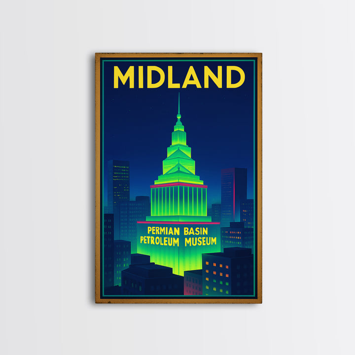 Midland Travel Poster, Framed Canvas Print, Retro Neon Travel Art, Midland Art Print, Eclectic Wall Decor, City Art Print, Fine Art Print
