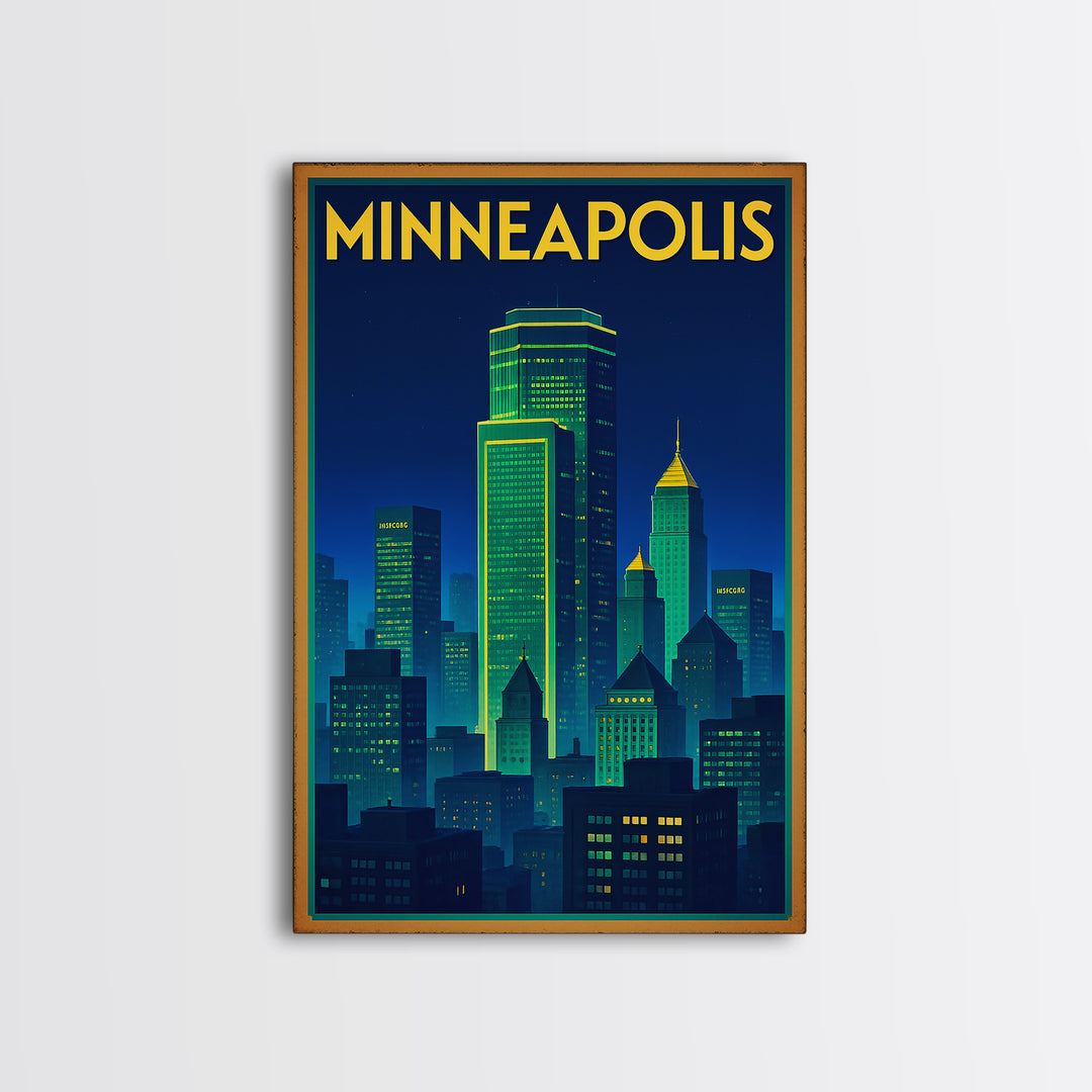Minneapolis Travel Poster, Framed Canvas Print, Neon Skyline Wall Art, Minneapolis Travel Art, Travel Poster Art, Travel Wall Art