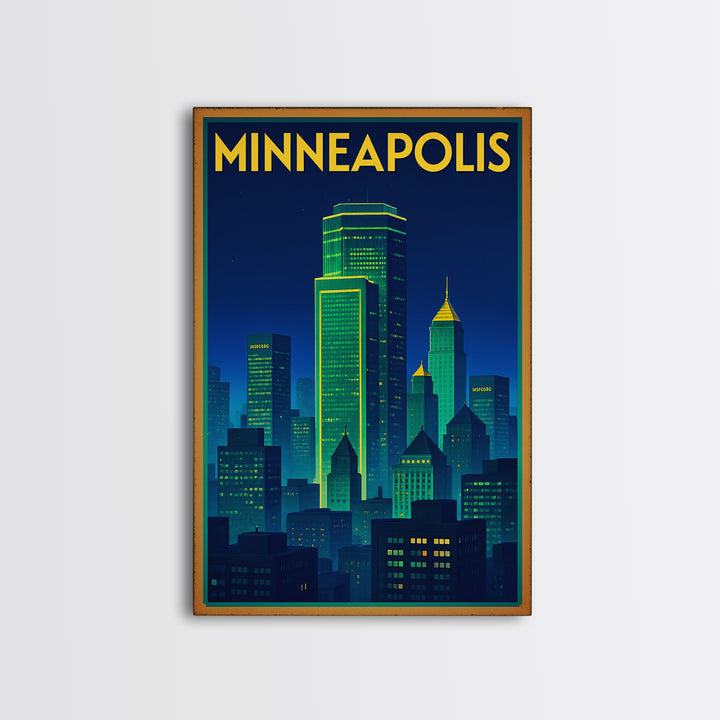 Minneapolis Travel Poster, Framed Canvas Print, Neon Skyline Wall Art, Minneapolis Travel Art, Travel Poster Art, Travel Wall Art