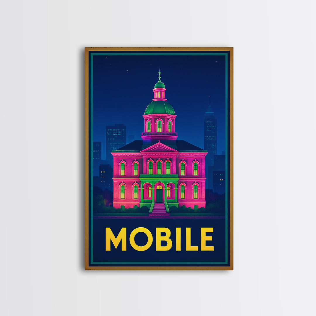 Mobile Alabama Travel Poster, Canvas Print, Retro Neon Travel Art, Mobile Wall Art, Watercolor Skyline, City Illustration, Travel Wall Decor