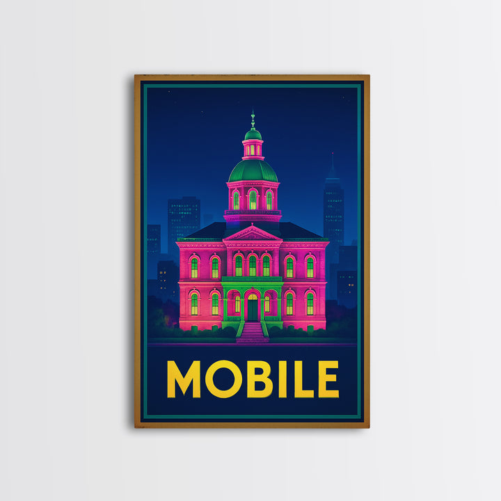 Mobile Alabama Travel Poster, Canvas Print, Retro Neon Travel Art, Mobile Wall Art, Watercolor Skyline, City Illustration, Travel Wall Decor