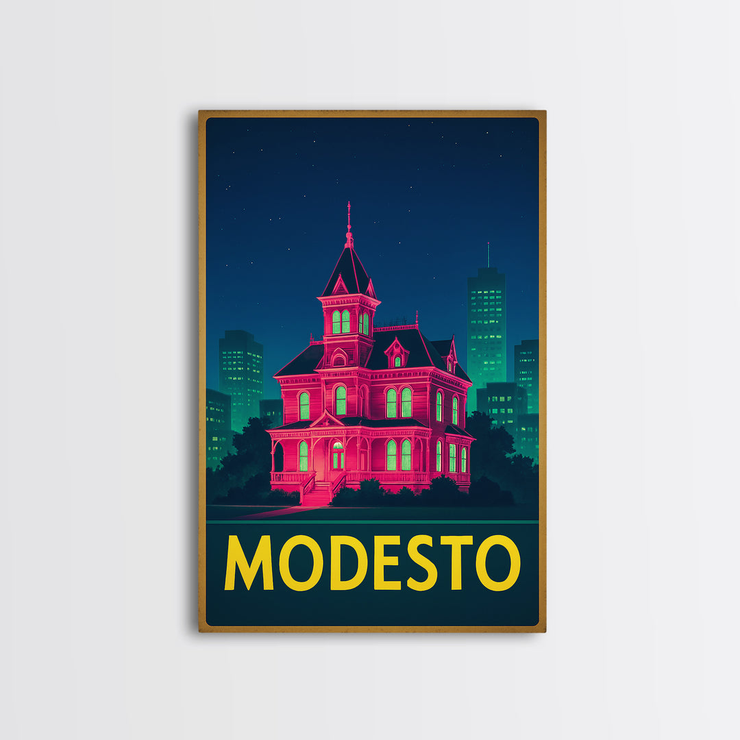 Modesto California Travel Poster, Framed Canvas Print, Cyberpunk Style City Art, Modesto Travel Art, Travel Wall Decor, Wanderlust Decor