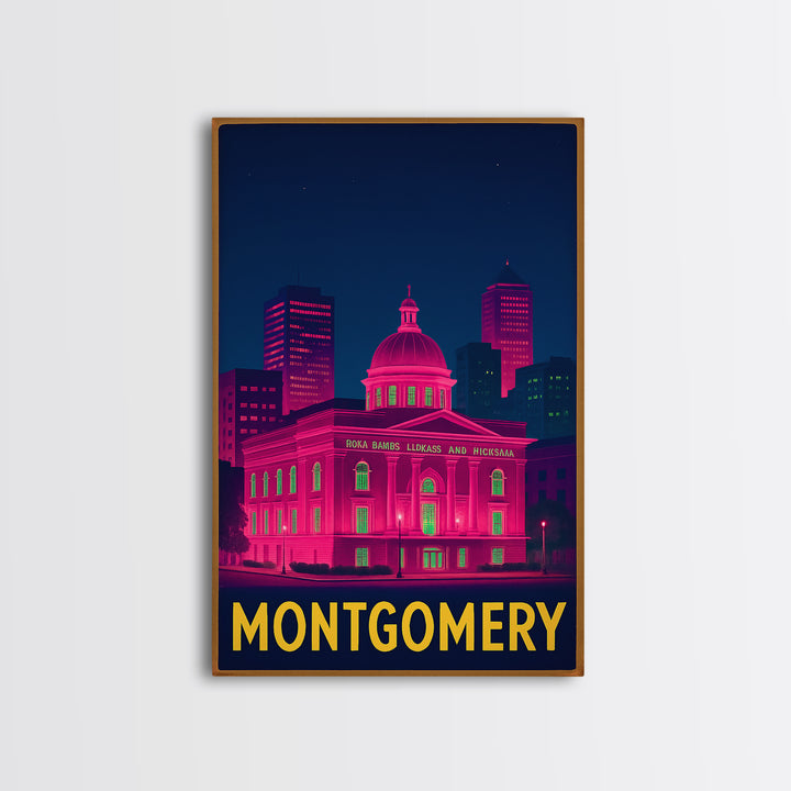 Montgomery Alabama Travel Poster, Canvas Print, Neon Urban Skyline Wall Art, Montgomery Wall Art, Gift For Travelers, Vintage City Art