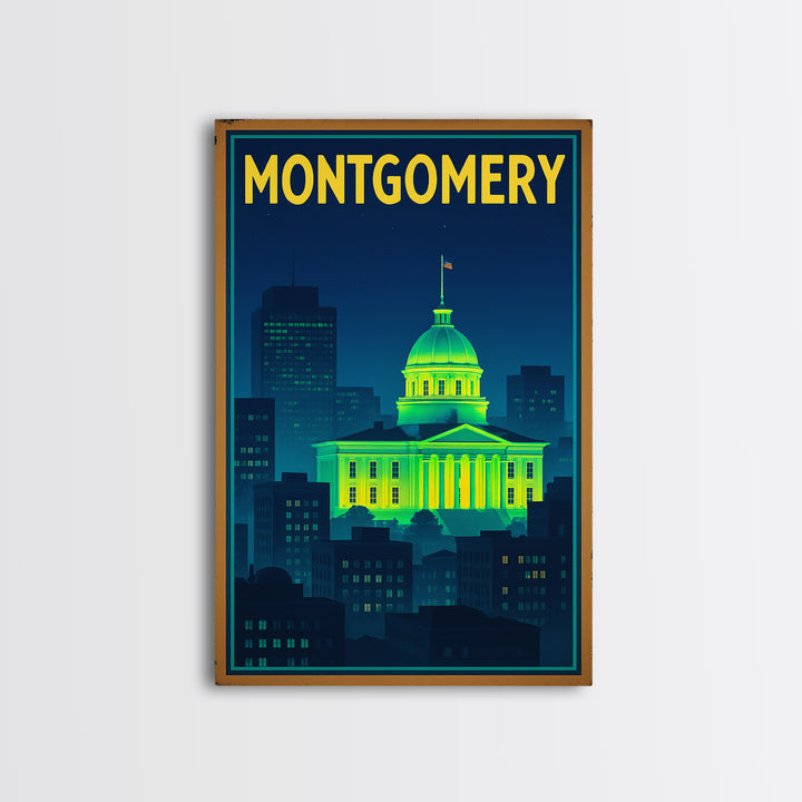 Montgomery Travel Poster, Canvas Print, Neon Downtown Skyline Wall Art, Montgomery City Art, City Illustration, City Travel Prints, Wall Art