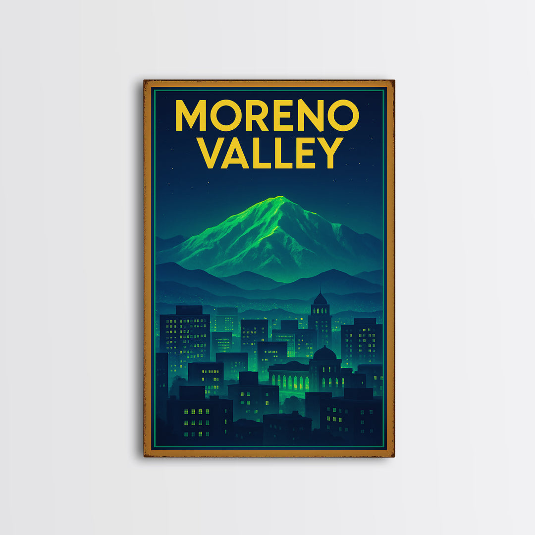 Moreno Valley Travel Poster, Canvas Print, Neon Downtown Skyline Wall Art, Moreno Valley City Art, Vintage Travel Print, Fine Art Print