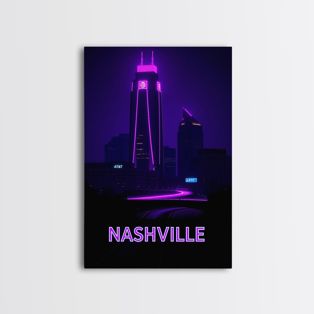Nashville Tennessee Travel Poster, Canvas Print, Neon Skyline Wall Art, Nashville City Art, Wall Decor, Travel Wall Decor, Travel Wall Art