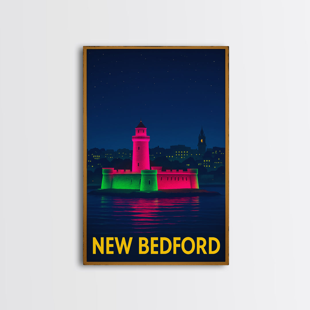 New Bedford Massachusetts Travel Poster, Canvas Print, Neon Downtown Skyline Wall Art, New Bedford Art Print, Wanderlust Decor, Wall Decor