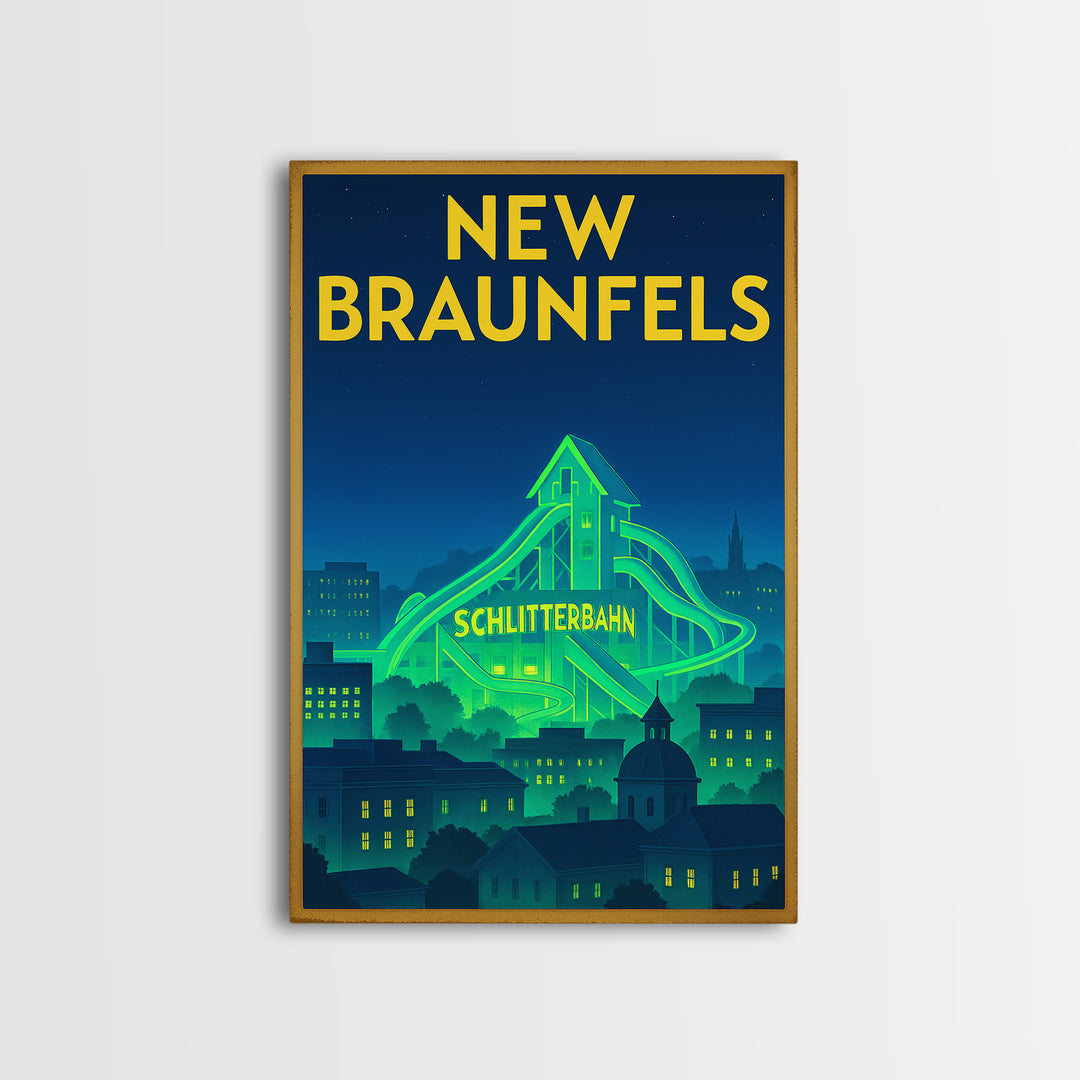 New Braunfels Travel Poster, Canvas Print, Electric Night Poster Art, New Braunfels City Art, Travel Art Print, Watercolor Urban Skyline